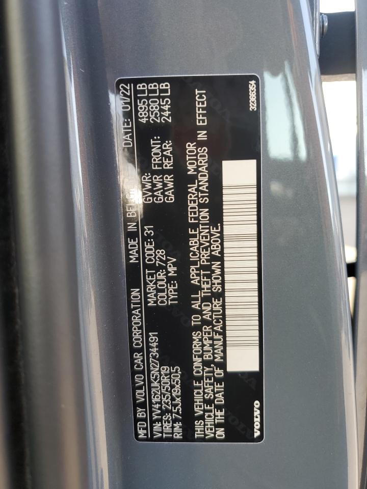 2022 Volvo XC40 VIN YV4162UK5N2734491 Copart auction photo, rear end / side damage thumbnail 14