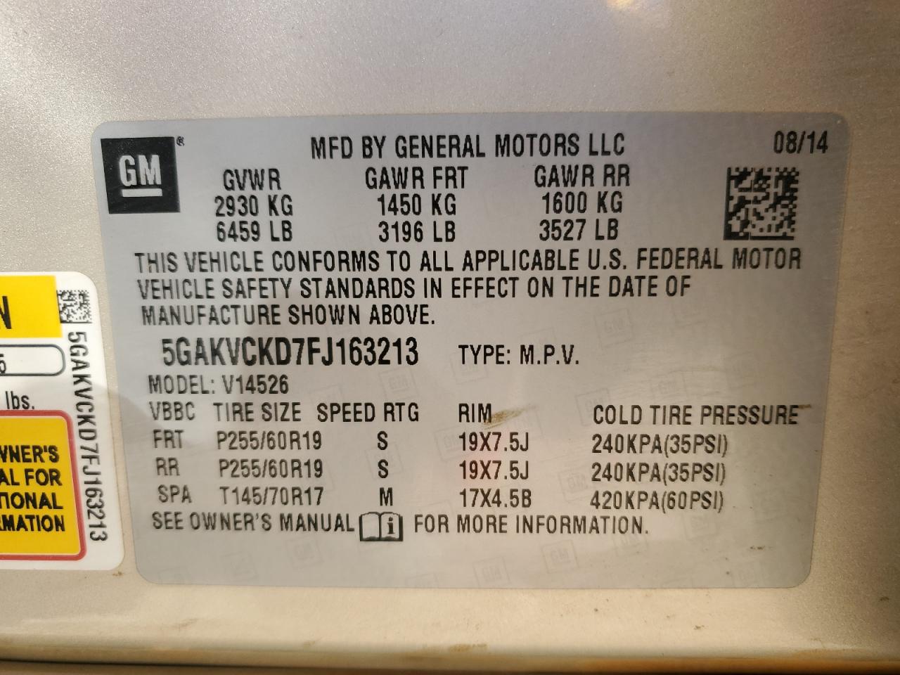 2015 Buick Enclave VIN 5GAKVCKD7FJ163213 Copart auction photo, side damage thumbnail 14
