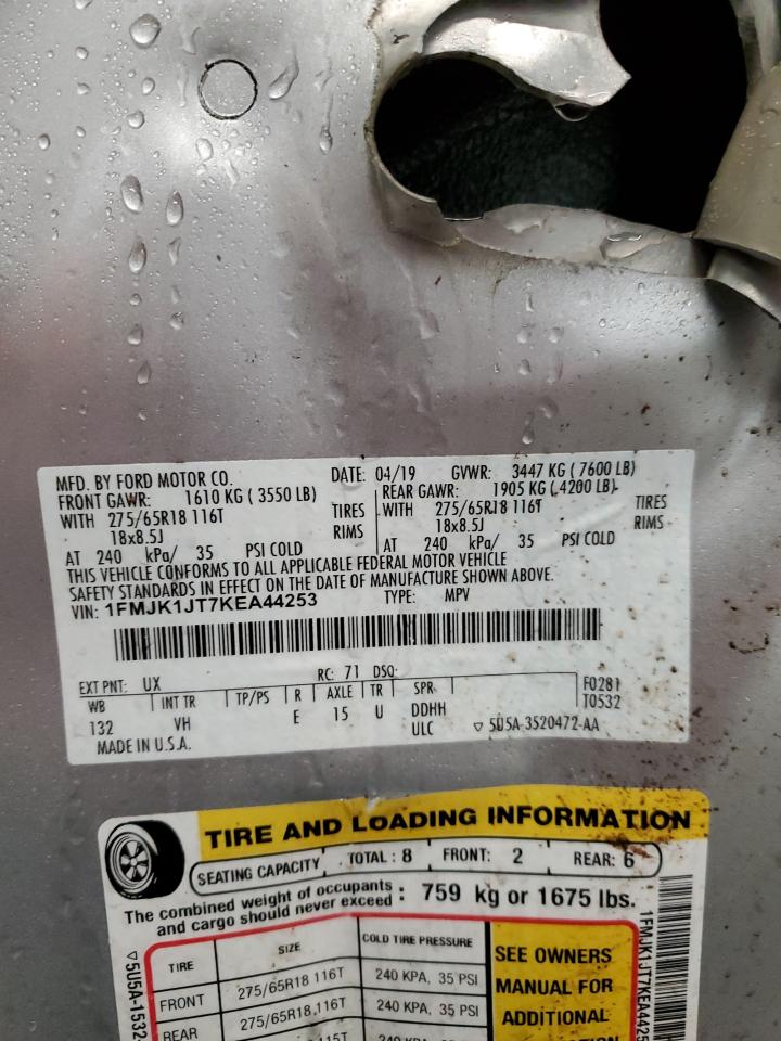 2019 Ford Expedition VIN 1FMJK1JT7KEA44253 Copart auction photo, side / front end damage thumbnail 14