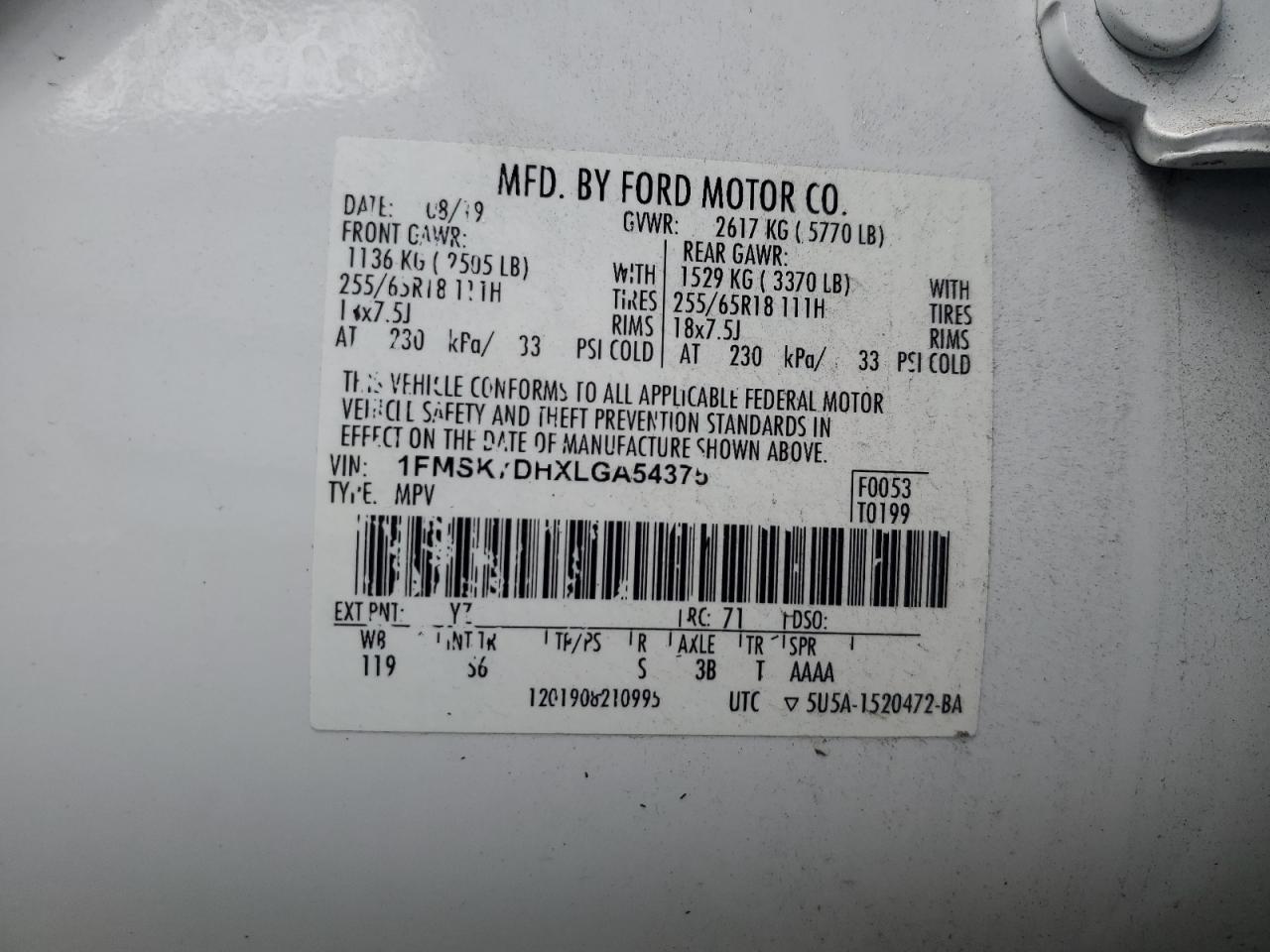 2020 Ford Explorer VIN 1FMSK7DHXLGA54375 Copart auction photo, rear end damage thumbnail 14