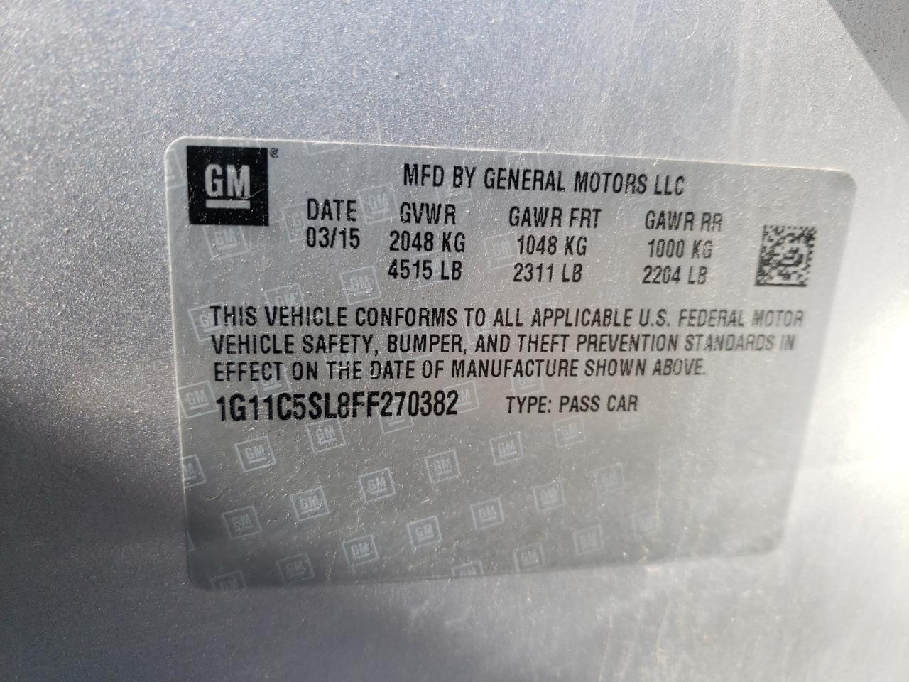2015 Chevrolet Malibu VIN 1G11C5SL8FF270382 Copart auction photo, front end / minor dent/scratches damage thumbnail 12