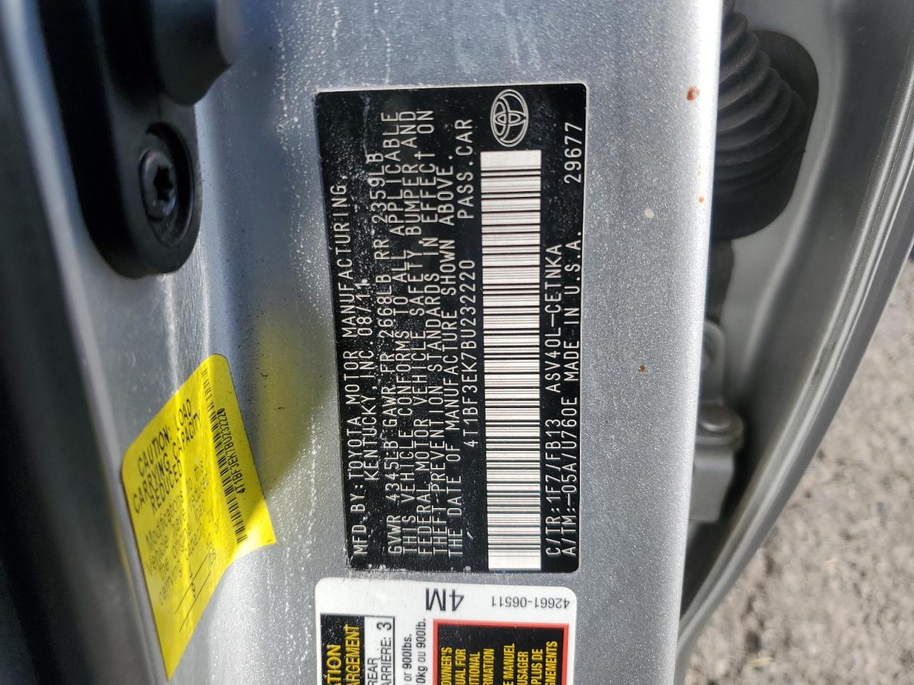 2011 Toyota Camry VIN 4T1BF3EK7BU232220 Copart auction photo, front end damage thumbnail 12