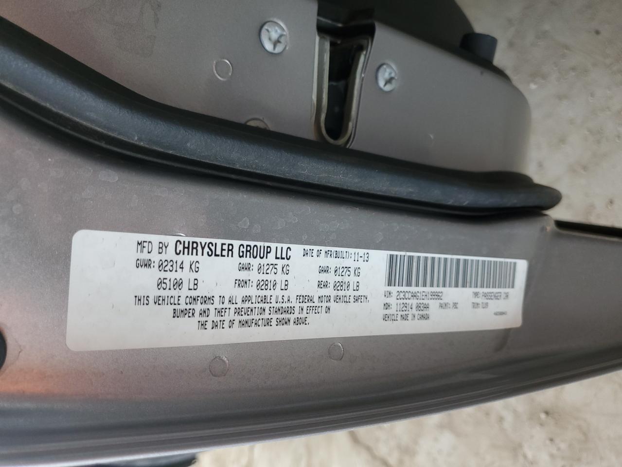 2014 Chrysler 300 VIN 2C3CCAAG1EH199962 Copart auction photo, rear end / front end damage thumbnail 13