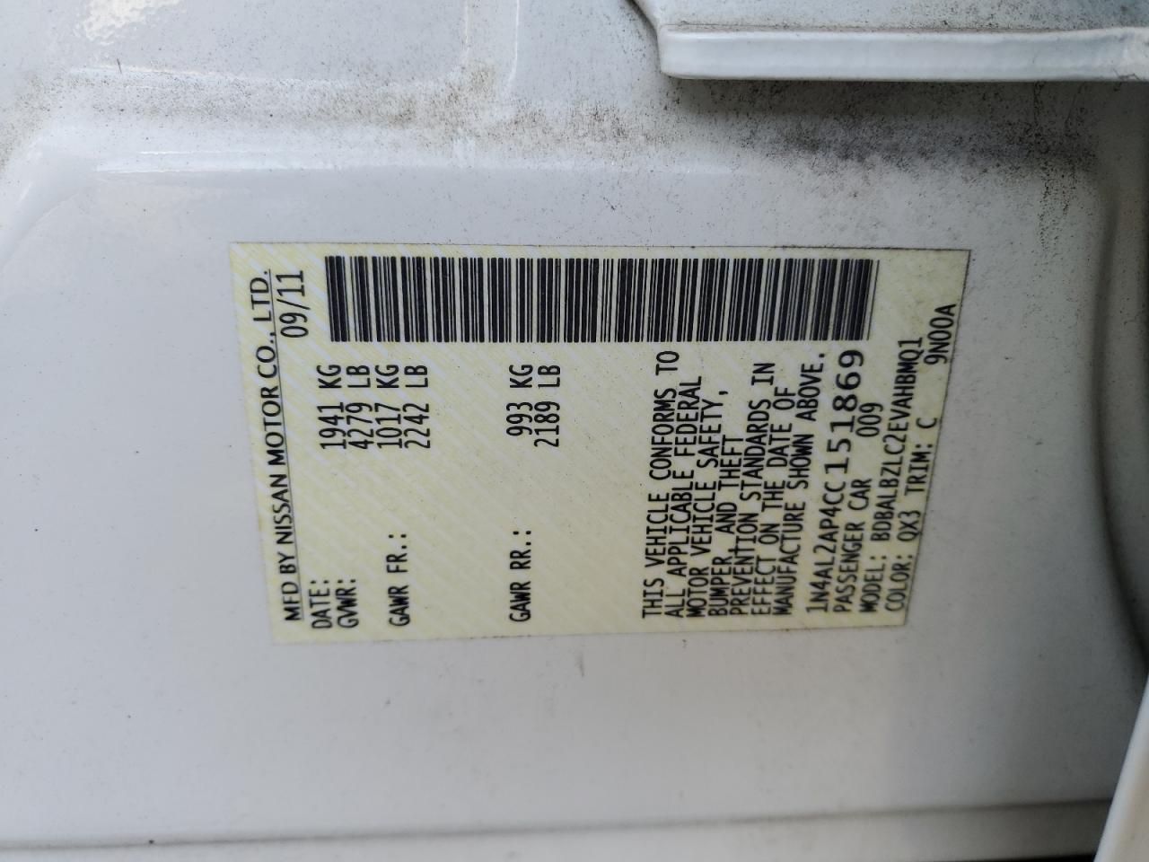 2012 Nissan Altima VIN 1N4AL2AP4CC151869 Copart auction photo, rear end damage thumbnail 12