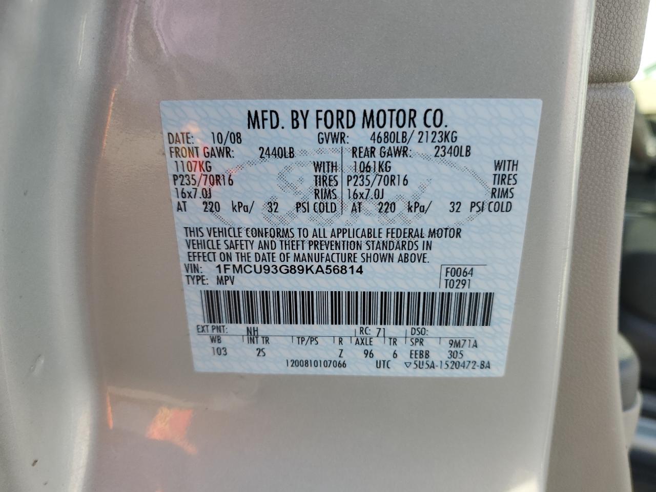 2009 Ford Escape VIN 1FMCU93G89KA56814 Copart auction photo, front end damage thumbnail 13