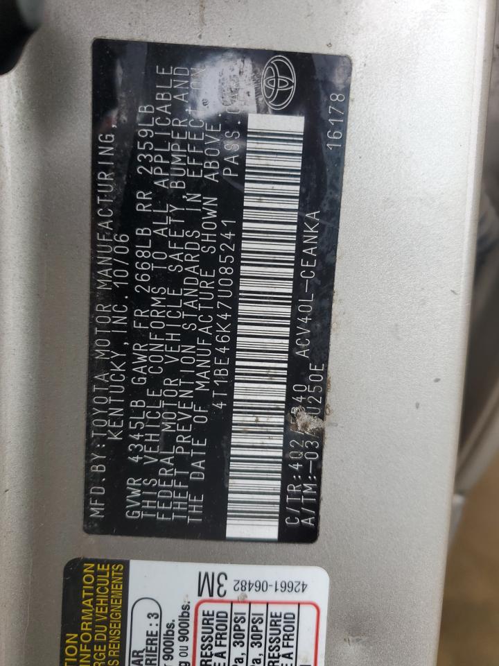 2007 Toyota Camry VIN 4T1BE46K47U085241 Copart auction photo, rear end / water/flood damage thumbnail 13