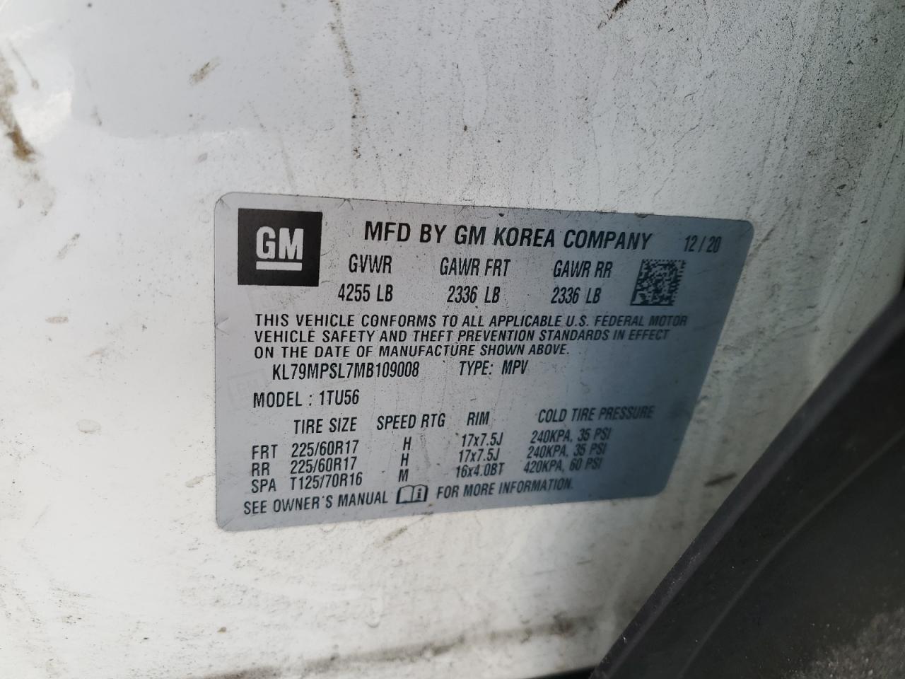 2021 Chevrolet TrailBlazer VIN KL79MPSL7MB109008 Copart auction photo, front end / minor dent/scratches damage thumbnail 13
