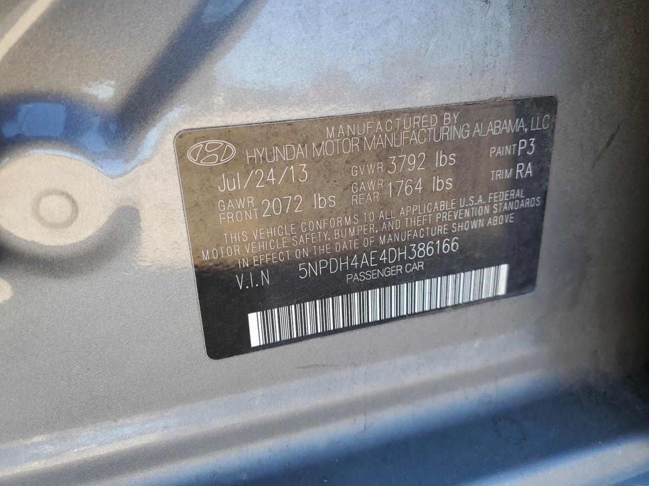 2013 Hyundai Elantra VIN 5NPDH4AE4DH386166 Copart auction photo, vandalism damage thumbnail 12
