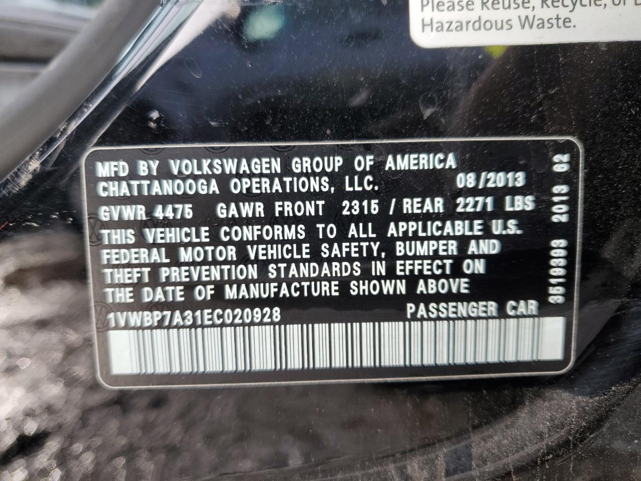 2014 Volkswagen Passat VIN 1VWBP7A31EC020928 Copart auction photo, front end damage thumbnail 13