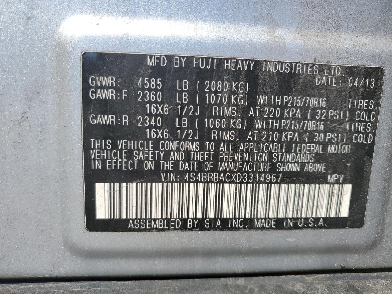 2013 Subaru Outback VIN 4S4BRBACXD3314967 Copart auction photo, front end / side damage thumbnail 13