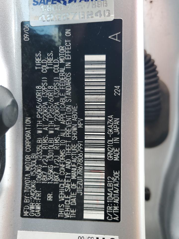 2007 Toyota 4Runner VIN JTEZU17R678067991 Copart auction photo, front end / side damage thumbnail 16