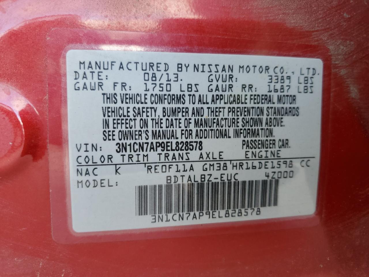 2014 Nissan Versa VIN 3N1CN7AP9EL828578 Copart auction photo, front end damage thumbnail 15