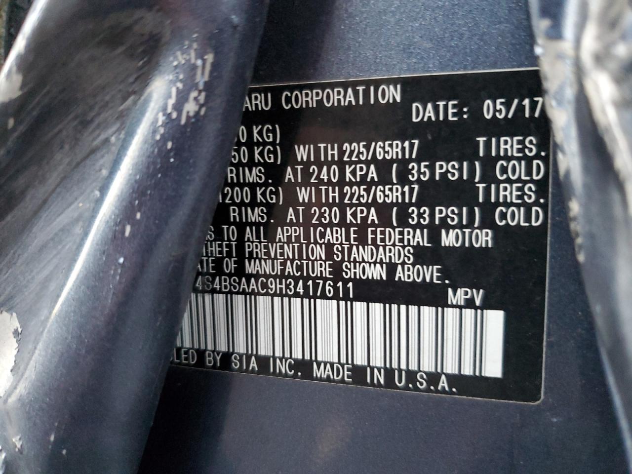 2017 Subaru Outback VIN 4S4BSAAC9H3417611 Copart auction photo, side damage thumbnail 14