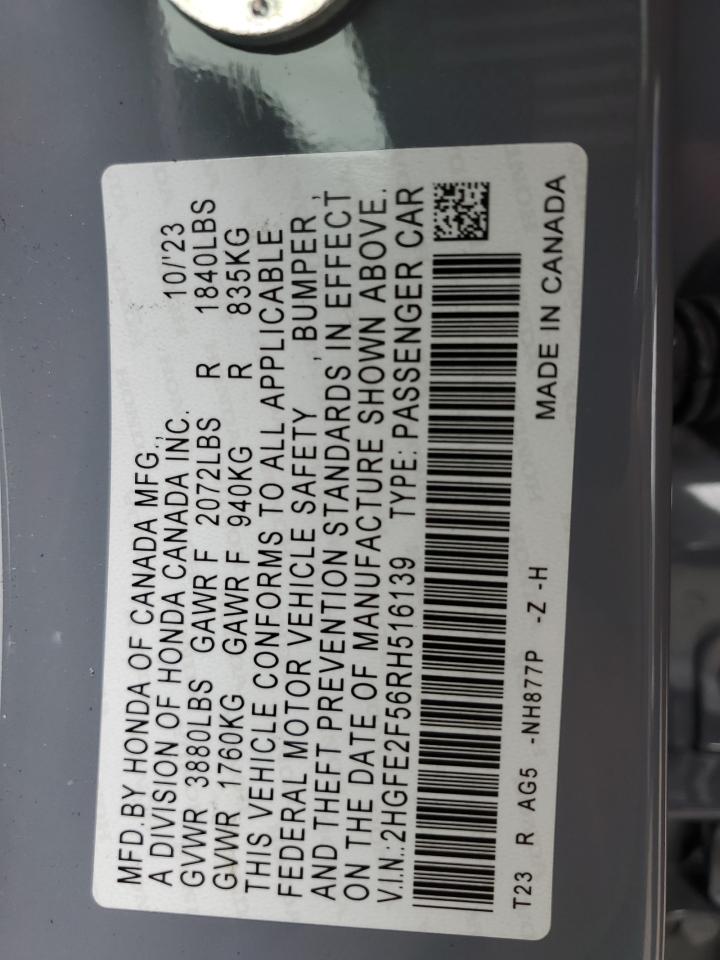 2024 Honda Civic VIN 2HGFE2F56RH516139 Copart auction photo, front end damage thumbnail 12