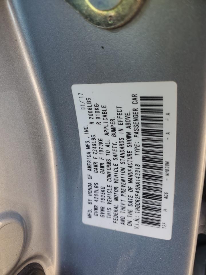 2017 Honda Accord VIN 1HGCR2F40HA143918 Copart auction photo, side / front end damage thumbnail 12