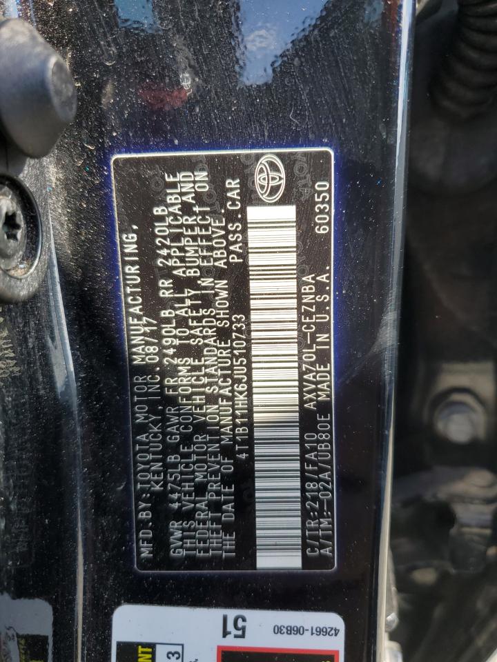 2018 Toyota Camry VIN 4T1B11HK6JU510733 Copart auction photo, front end / minor dent/scratches damage thumbnail 12