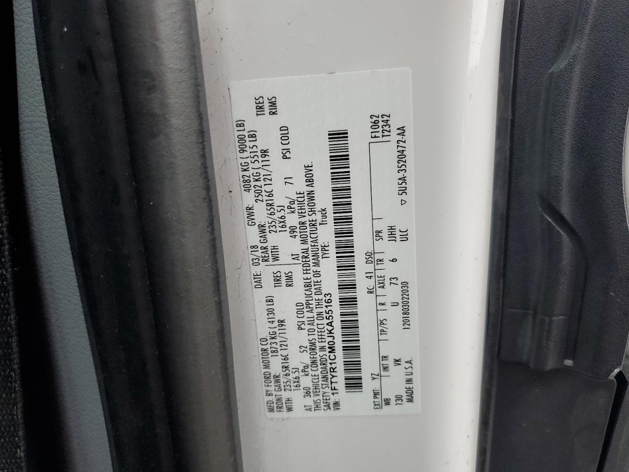 2018 Ford Transit VIN 1FTYR1CM0JKA55163 Copart auction photo, front end / mechanical damage thumbnail 12