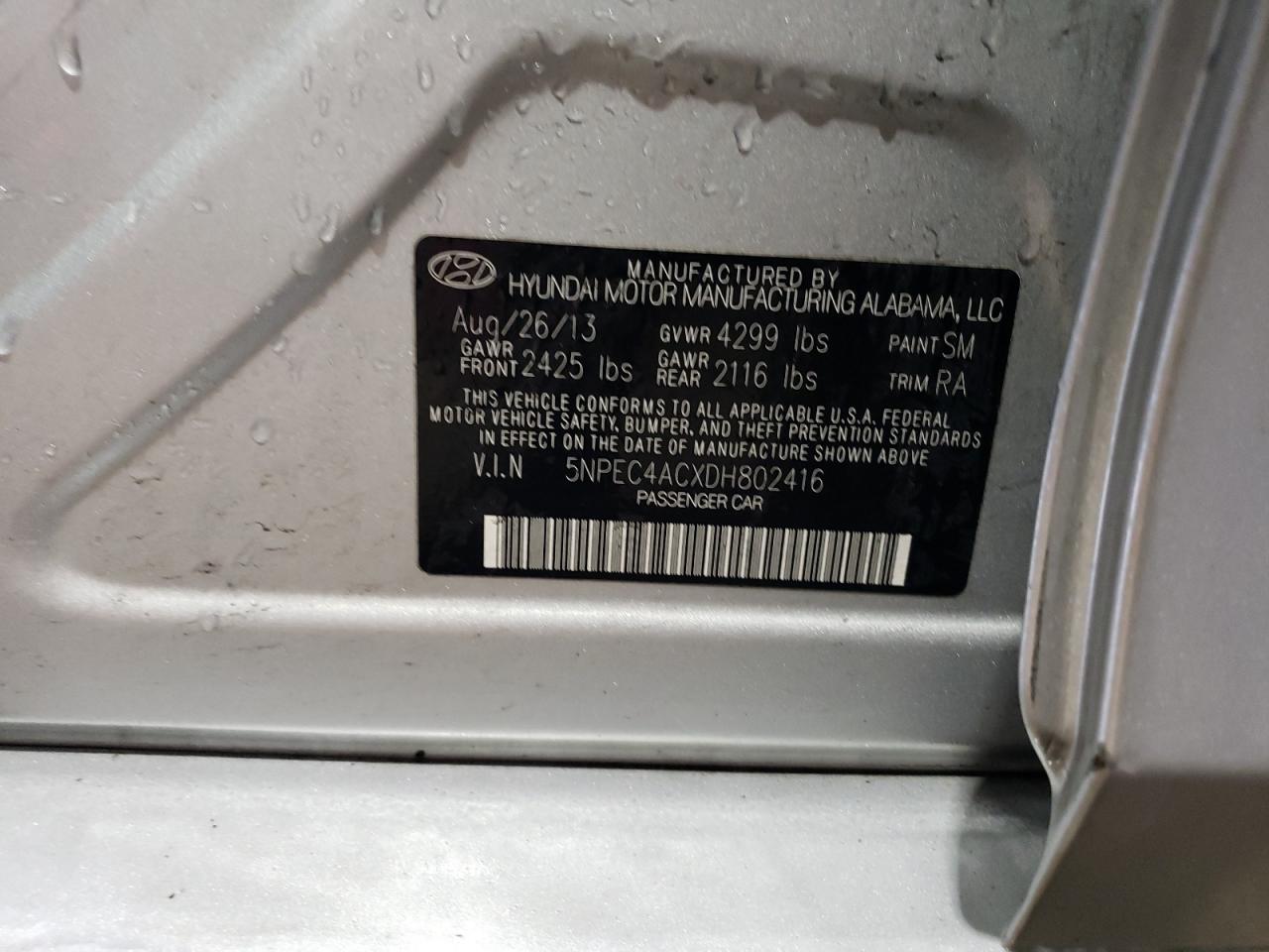 2013 Hyundai Sonata VIN 5NPEC4ACXDH802416 Copart auction photo, front end damage thumbnail 14
