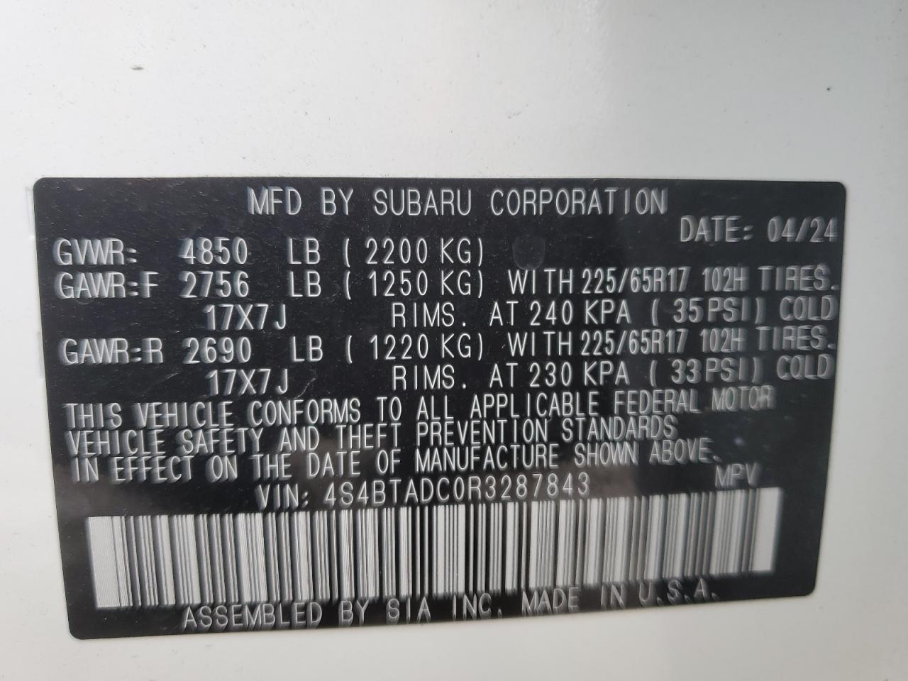 2024 Subaru Outback VIN 4S4BTADC0R3287843 Copart auction photo, side / rear end damage thumbnail 14