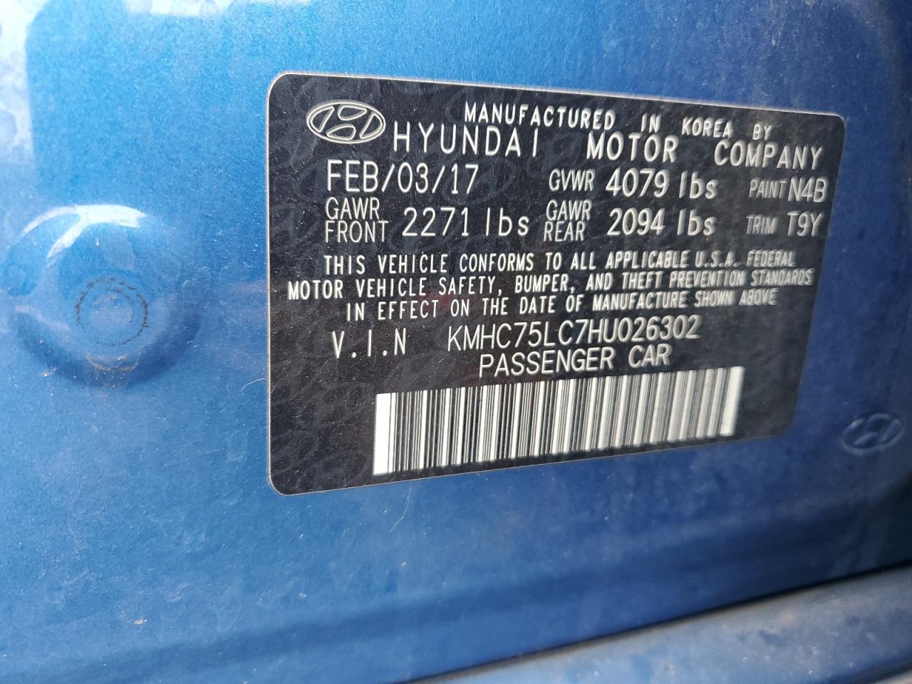 2017 Hyundai IONIQ VIN KMHC75LC7HU026302 Copart auction photo, front end damage thumbnail 14