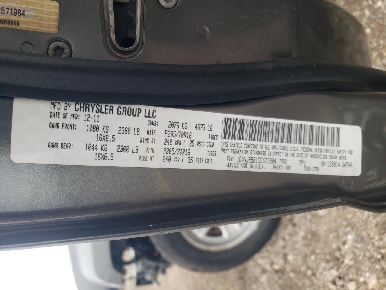 2012 Jeep Liberty (Patriot) VIN 1C4NJRBB1CD571984 Copart auction photo, front end / minor dent/scratches damage thumbnail 13
