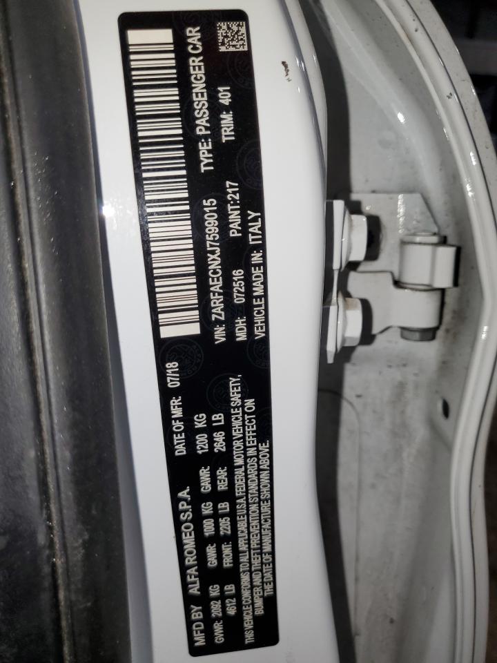 2018 Alfa Romeo Giulia VIN ZARFAECNXJ7599015 Copart auction photo, rear end / front end damage thumbnail 13