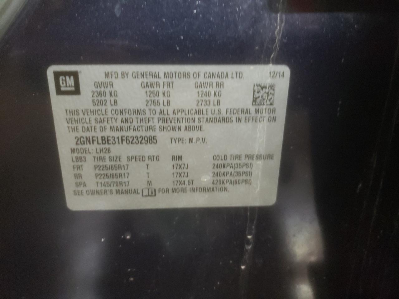 2015 Chevrolet Equinox VIN 2GNFLBE31F6232985 Copart auction photo, side damage thumbnail 13