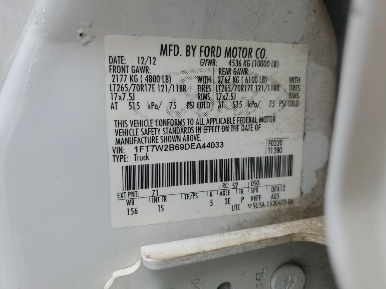 2013 Ford F250 VIN 1FT7W2B69DEA44033 Copart auction photo, all over damage thumbnail 14
