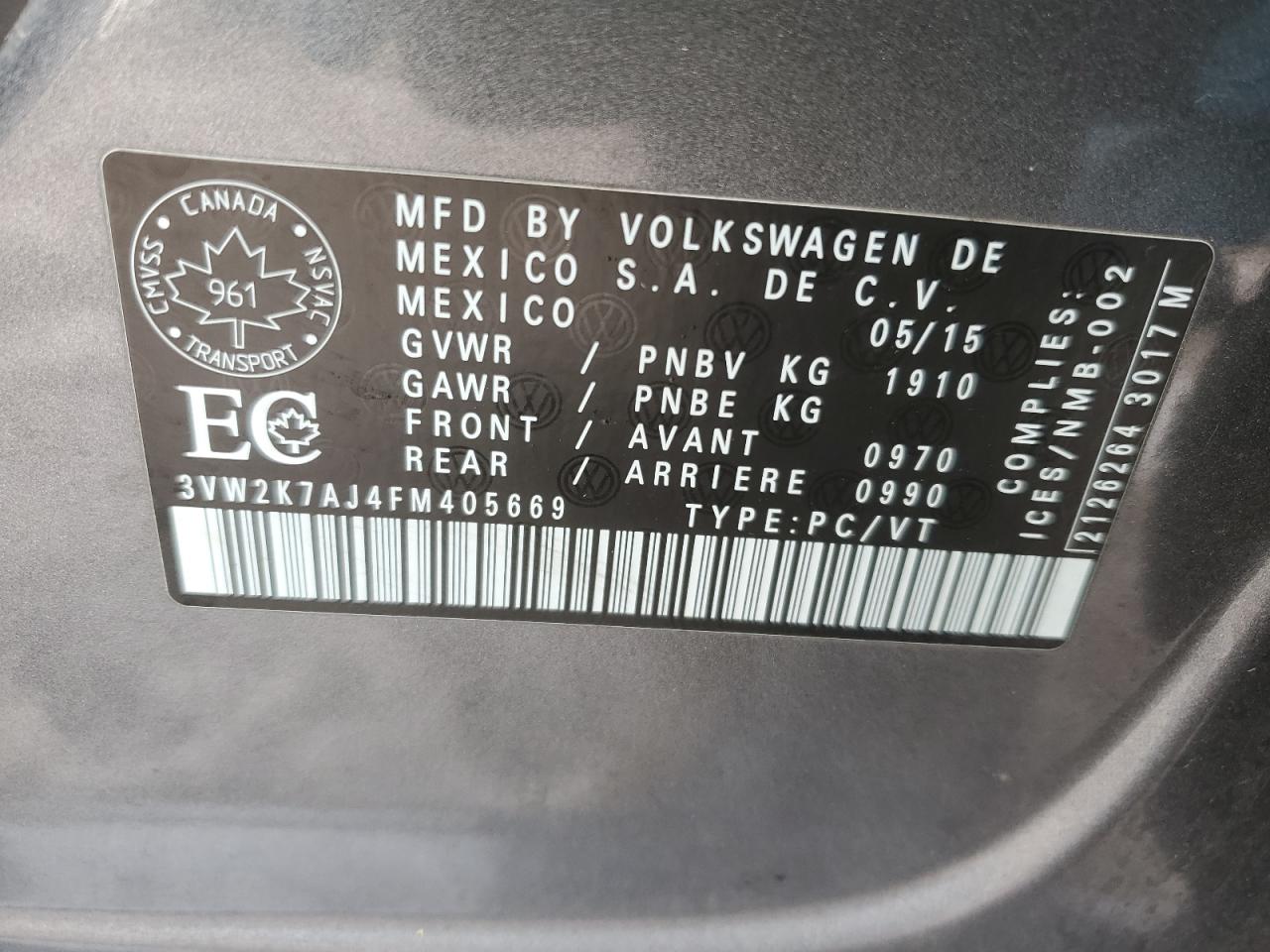2015 Volkswagen Jetta VIN 3VW2K7AJ4FM405669 Copart auction photo, front end damage thumbnail 12