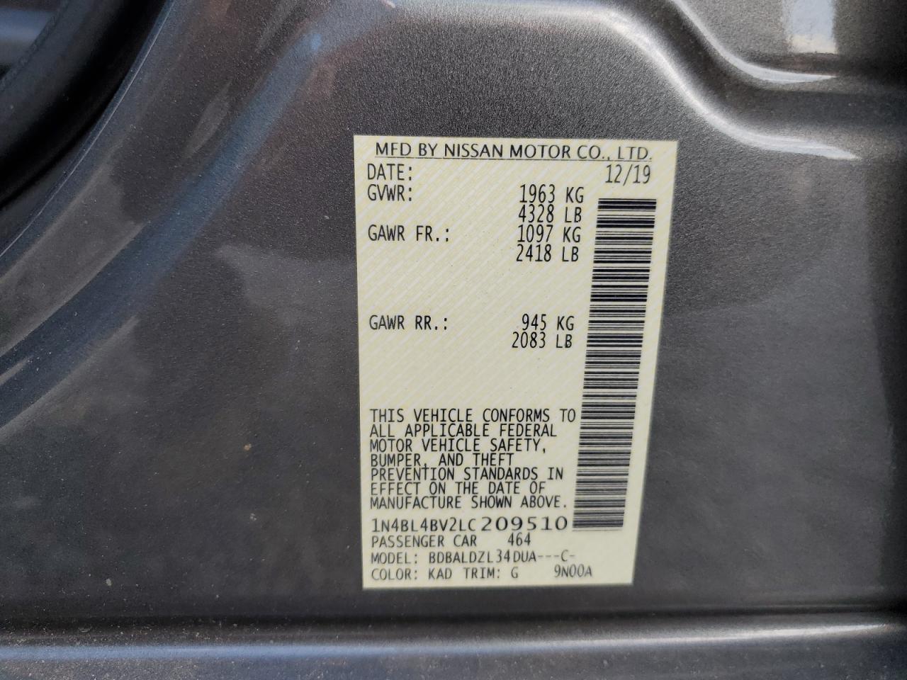 2020 Nissan Altima VIN 1N4BL4BV2LC209510 Copart auction photo, rear end / side damage thumbnail 12