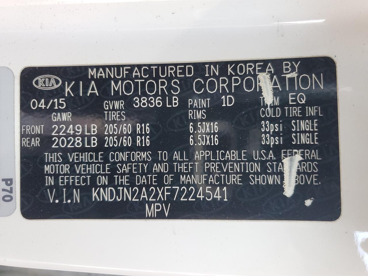 2015 KIA Soul VIN KNDJN2A2XF7224541 Copart auction photo, rear end / minor dent/scratches damage thumbnail 12