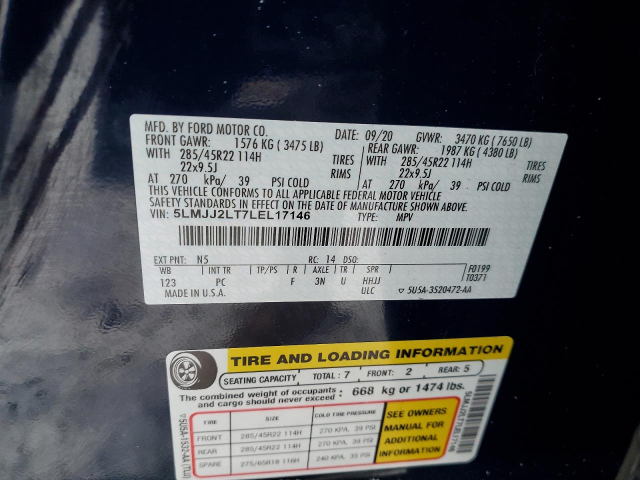 2020 Lincoln Navigator VIN 5LMJJ2LT7LEL17146 Copart auction photo, front end damage thumbnail 13