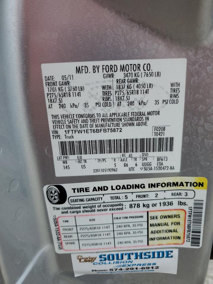 2011 Ford F-150 VIN 1FTFW1ET6BFB75872 Copart auction photo, front end / frame damage damage thumbnail 12