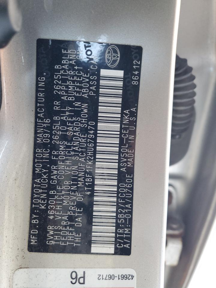 2017 Toyota Camry VIN 4T1BF1FK2HU679470 Copart auction photo, front end damage thumbnail 13