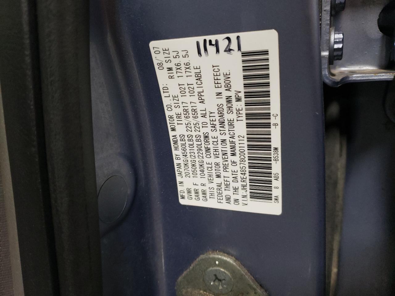 2008 Honda CR-V VIN JHLRE48578C001112 Copart auction photo, rear end damage thumbnail 12