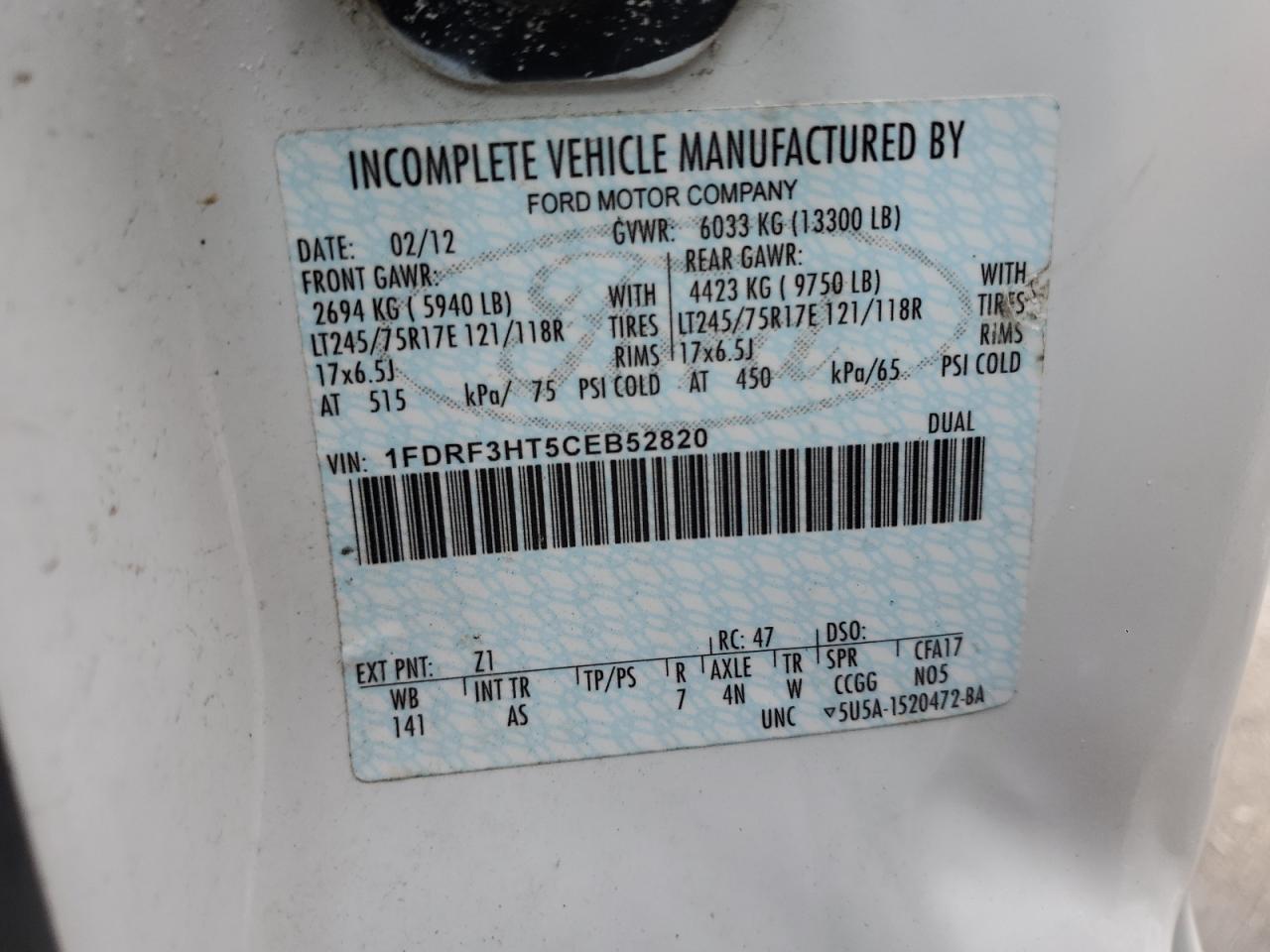 2012 Ford F350 VIN 1FDRF3HT5CEB52820 Copart auction photo, front end / minor dent/scratches damage thumbnail 12
