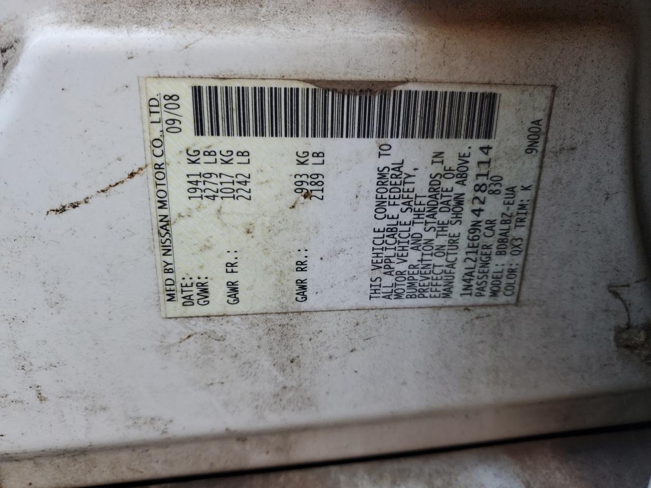 2009 Nissan Altima VIN 1N4AL21E69N428114 Copart auction photo, front end damage thumbnail 13