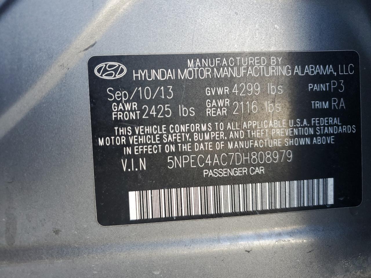 2013 Hyundai Sonata VIN 5NPEC4AC7DH808979 Copart auction photo, front end damage thumbnail 12