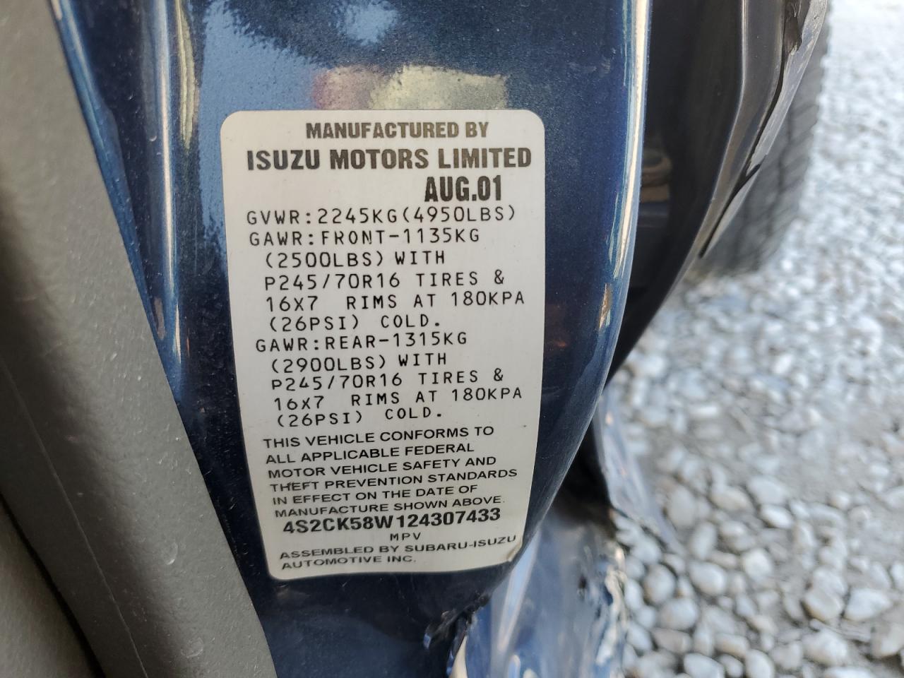 2002 Isuzu Rodeo VIN 4S2CK58W124307433 Copart auction photo, side damage thumbnail 12