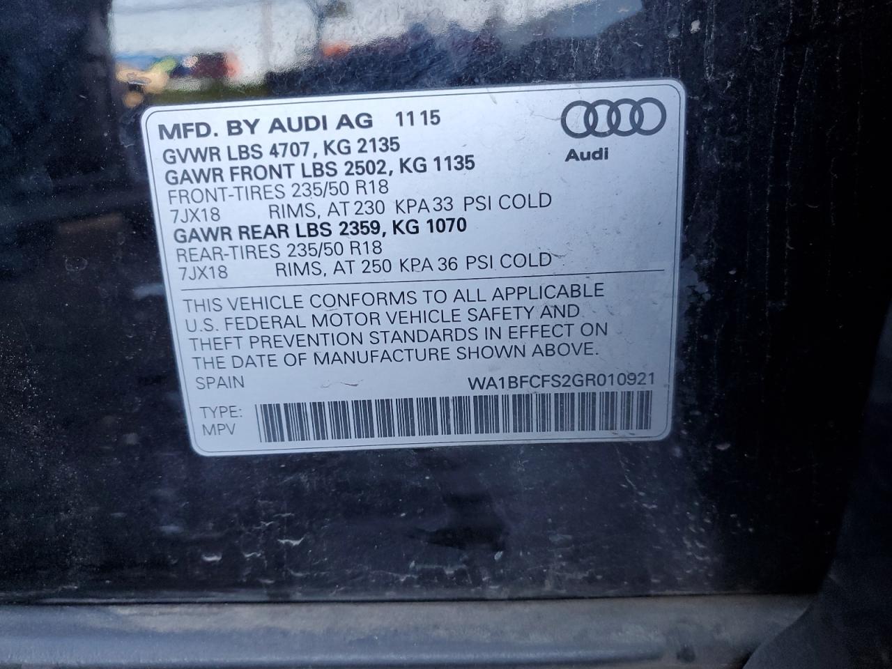 2016 Audi Q3 VIN WA1BFCFS2GR010921 Copart auction photo, front end damage thumbnail 14