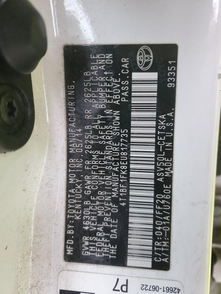 2014 Toyota Camry VIN 4T1BF1FK8EU817735 Copart auction photo, front end / rear end damage thumbnail 12