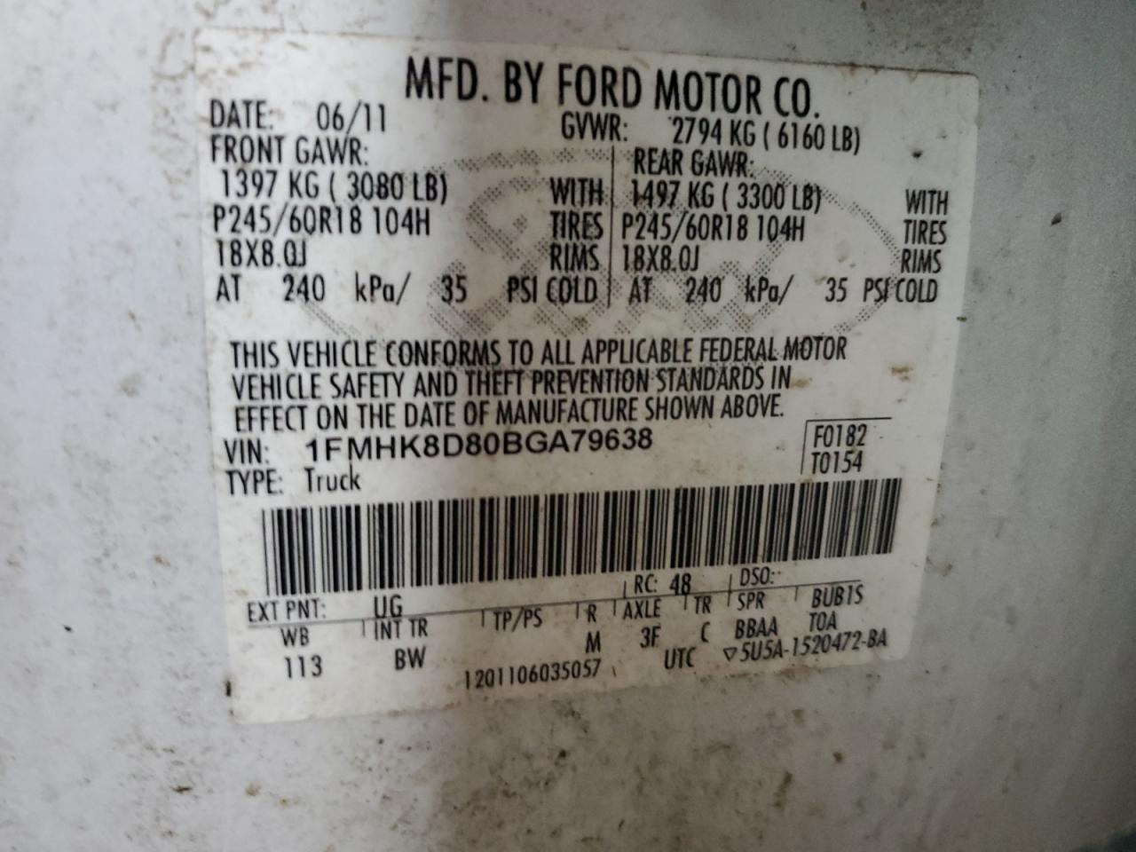 2011 Ford Explorer VIN 1FMHK8D80BGA79638 Copart auction photo, front end / minor dent/scratches damage thumbnail 13