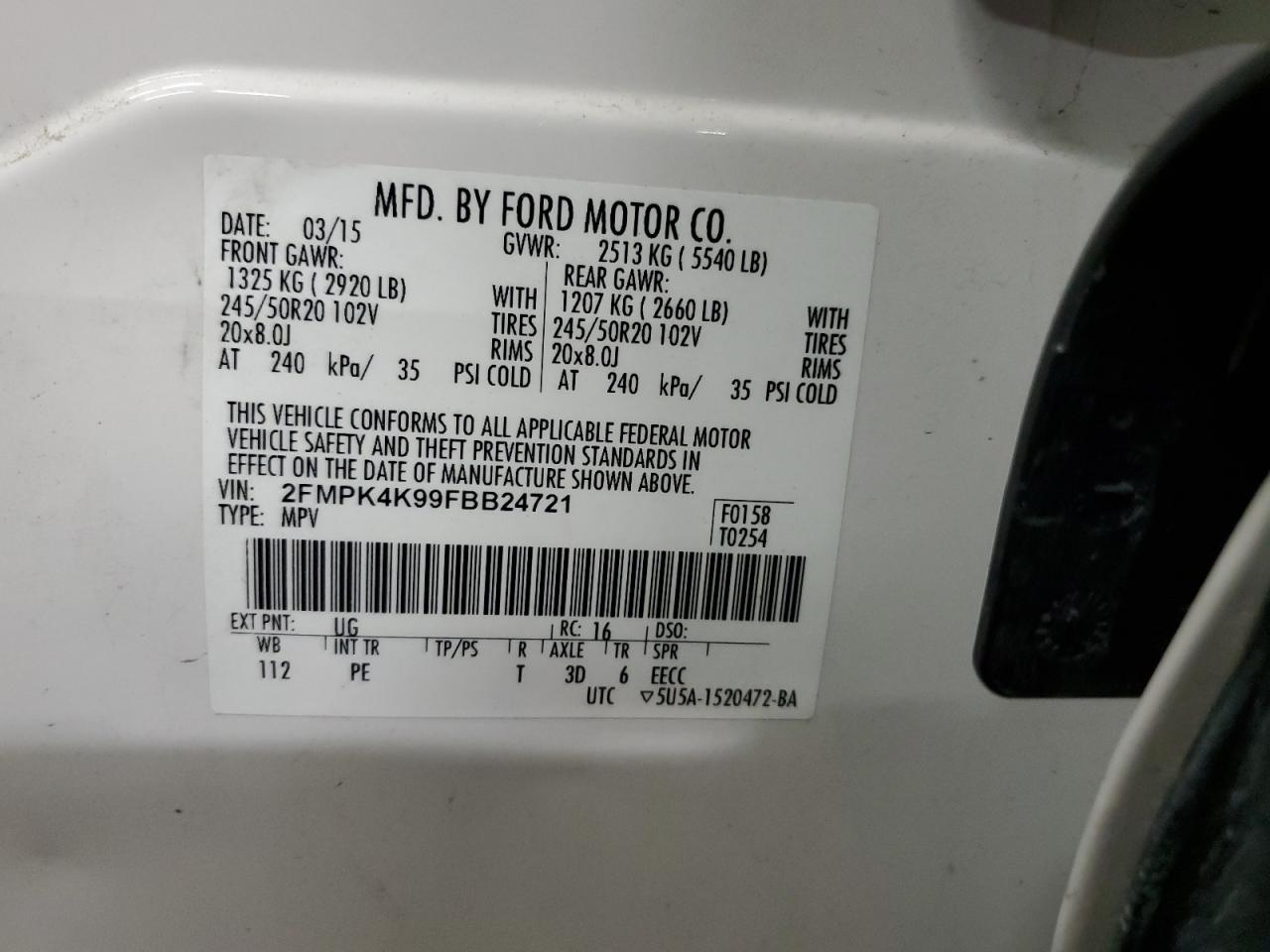 2015 Ford Edge VIN 2FMPK4K99FBB24721 Copart auction photo, front end / side damage thumbnail 13