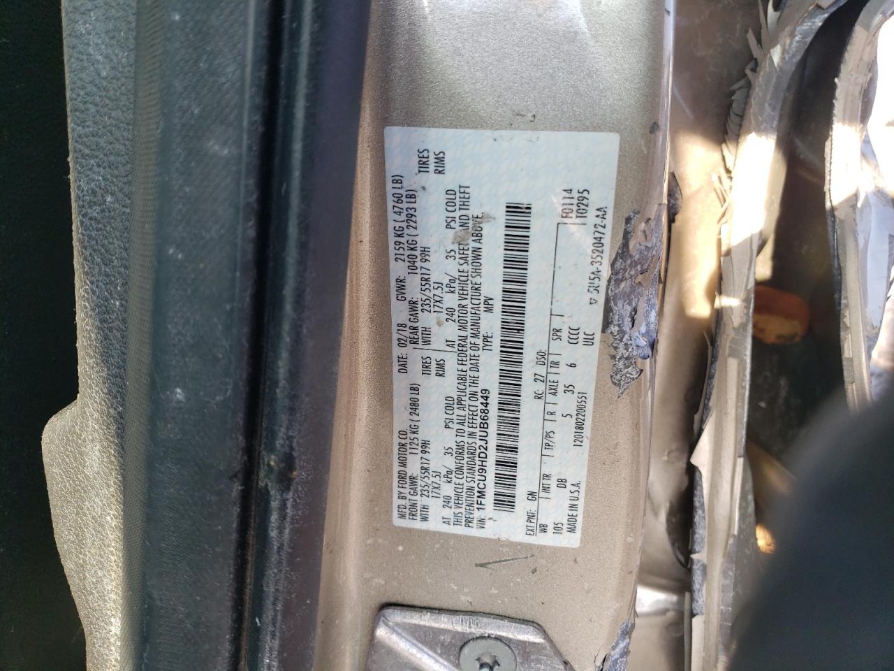 2018 Ford Escape VIN 1FMCU9HD2JUB68449 Copart auction photo, side / undercarriage damage thumbnail 14