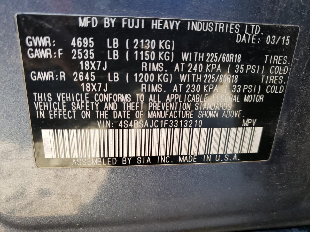 2015 Subaru Outback VIN 4S4BSAJC1F3313210 Copart auction photo, mechanical / minor dent/scratches damage thumbnail 12