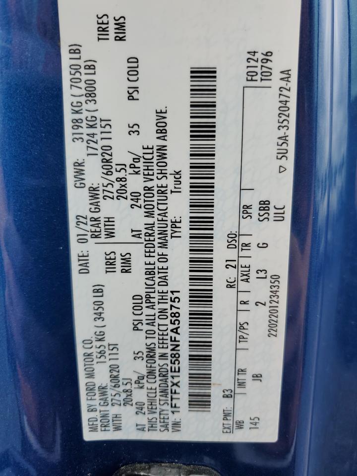2022 Ford F-150 VIN 1FTFX1E58NFA58751 Copart auction photo, front end damage thumbnail 12