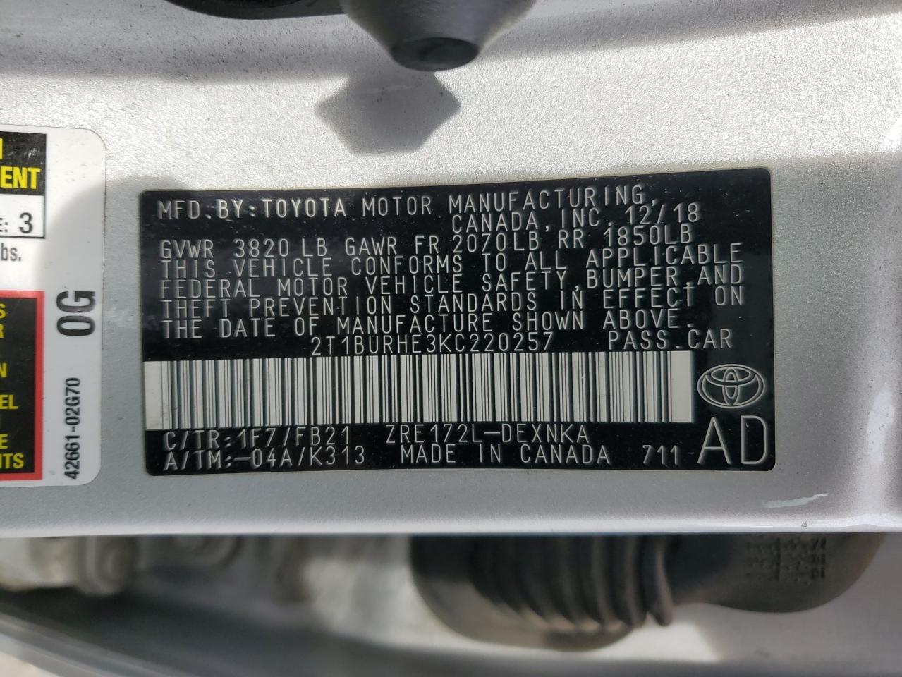 2019 Toyota Corolla VIN 2T1BURHE3KC220257 Copart auction photo, rear end / front end damage thumbnail 12