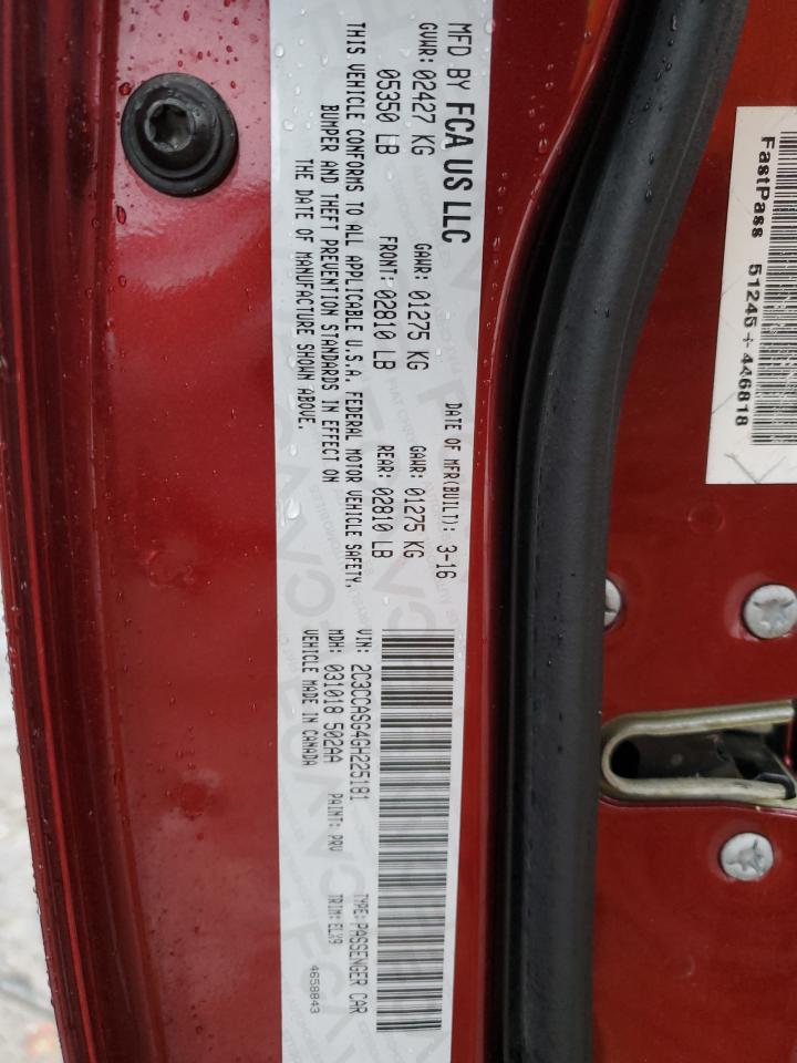 2016 Chrysler 300 VIN 2C3CCASG4GH225181 Copart auction photo, rear end / side damage thumbnail 13