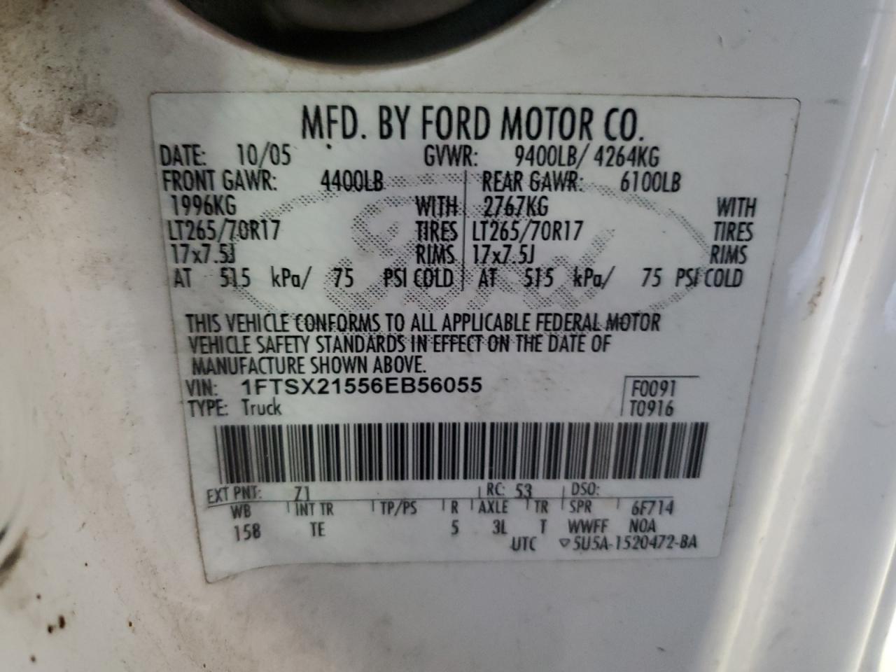 2006 Ford F250 VIN 1FTSX21556EB56055 Copart auction photo, rear end / front end damage thumbnail 12