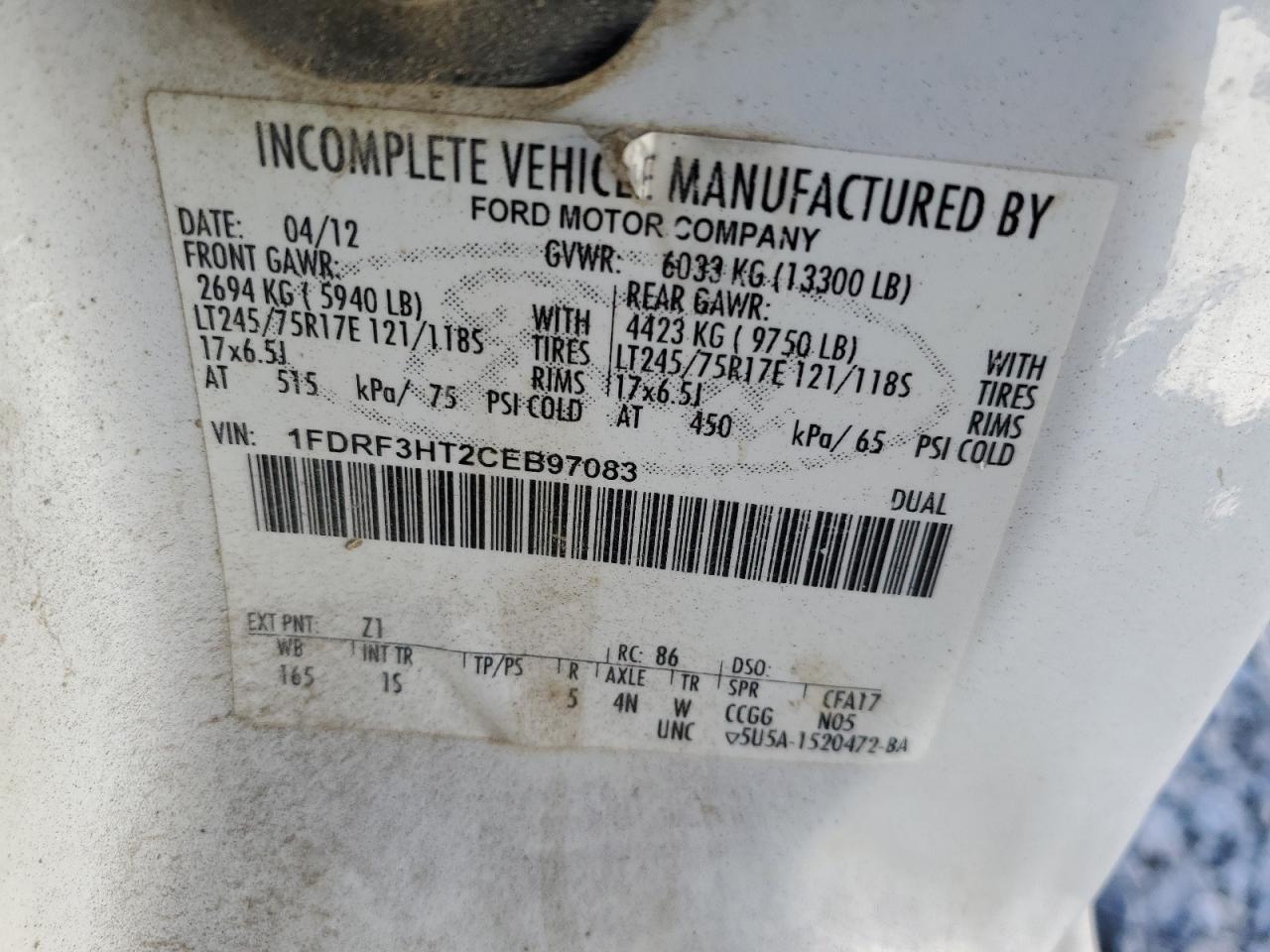 2012 Ford F350 VIN 1FDRF3HT2CEB97083 Copart auction photo, undercarriage / rear end damage thumbnail 12